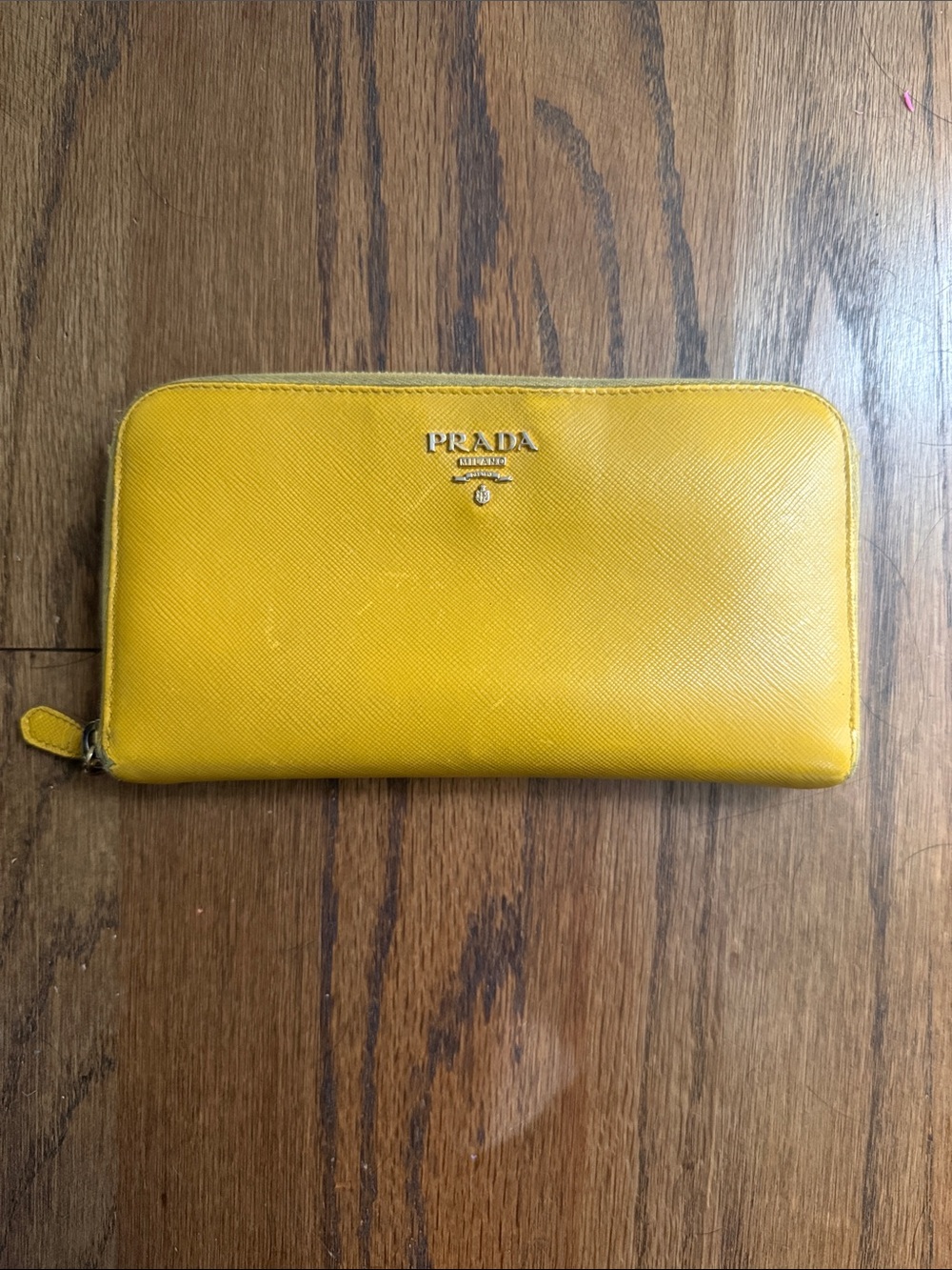 Prada Yellow Saffiano Zip Wallet with Gold Logo